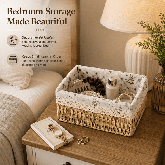 Small Woven Storage Basket with Liner, Rectangular Decorative Rattan Organizer Bin for Home Bathroom Bedroom Kitchen Office Sundries Cosmetics, M