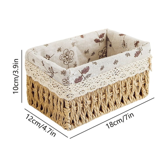 Small Woven Storage Basket with Liner, Rectangular Decorative Rattan Organizer Bin for Home Bathroom Bedroom Kitchen Office Sundries Cosmetics, S