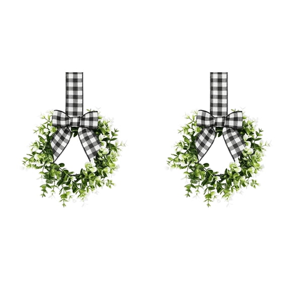 Small Wreath, 2‑Pack 9 Inch Christmas Mini Wreath with Black White Buffalo Plaid Ribbon Bow, Modern Farmhouse Holiday Decor for Indoor Door, Window and Cabinet Display