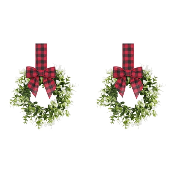 Small Wreath, 2 Pcs 9‑Inch Farmhouse Christmas Mini Wreath, Pre‑Made Artificial Holiday Wreath with Hand‑Tied Red Black Buffalo Plaid Ribbon Bow for Cabinet & Porch Decor