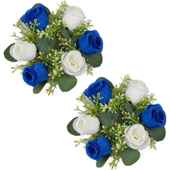 Small Wreath for Table Centerpieces: 9.05 Inch Royal Blue & White Flower Candle Rings for Wedding Party Christmas - Rose Wreaths for Spring Summer Front Door Porch Decor 2 Pcs