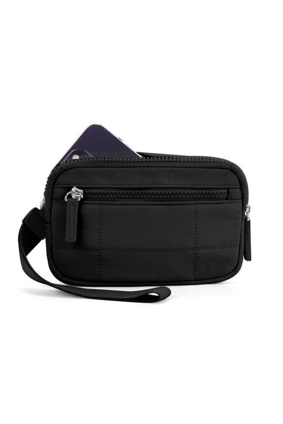 Small Wristlet Wallet for Women RFID Nylon Quilted Clutch Phone Bag with 3 Zipper Pockets Back Clear Pocket