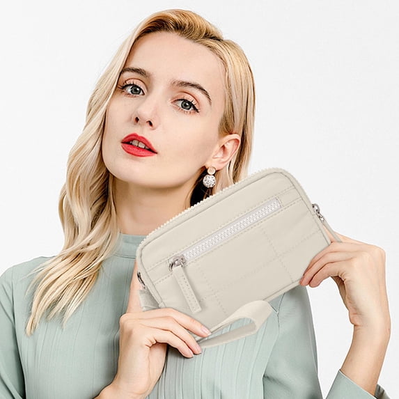 Small Wristlet Wallets for Women, Quilted Nylon Wallet Purse RFID Zipper Clutch for Travel Card Phone Organizer (Beige)