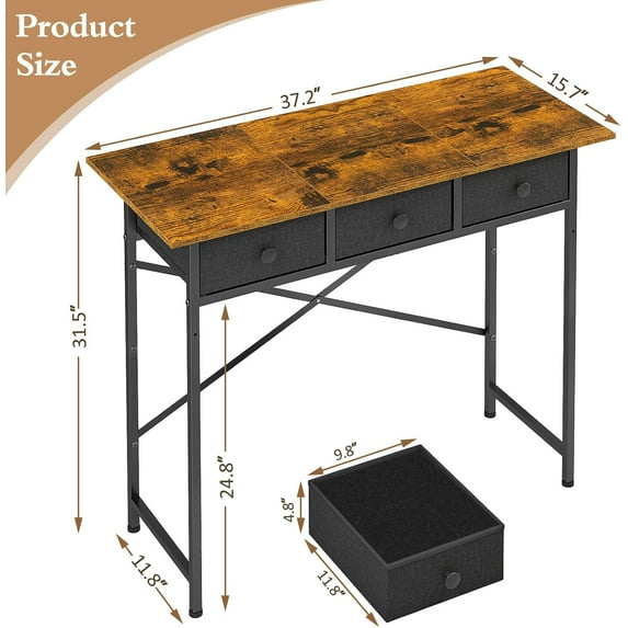 Small Writing Desk with 3 Drawers for Bedroom, 37.2 Inch Computer Desk for Small Spaces, Simple Desk with Drawers for Kids Bedroom, Home Office, Dorm, Living Room, Home Study Table, Rustic Brown