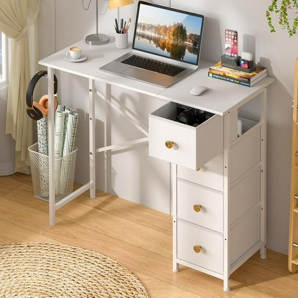 Small Writing Desk with 4 Fabric Drawers, 35.4 Inch Computer Desk for Home Office, Simple PC Desk for Small Places, Kids Girls Teen Study Table for Bedroom Dorm, White