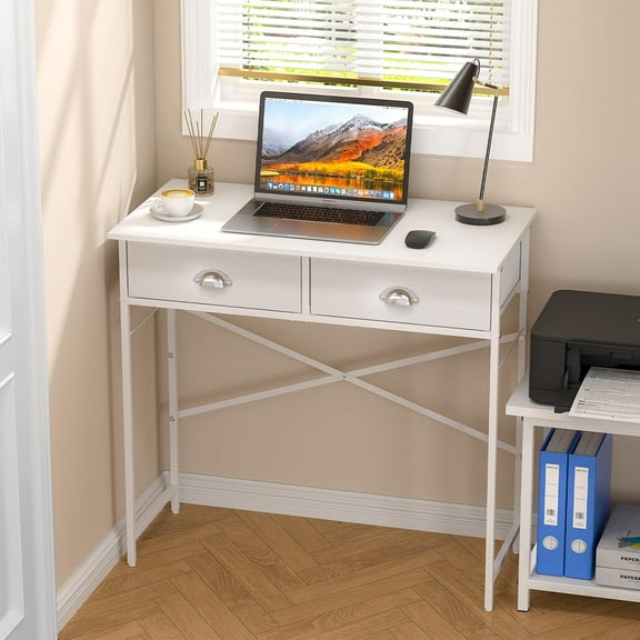 Small Writing Desk for Kids Bedroom, 31.5 Inch White Computer Desk for Small Spaces, Simple Desk with 2 Fabric Drawers for Home Office, Dorm, Living Room, Home Study Table, White