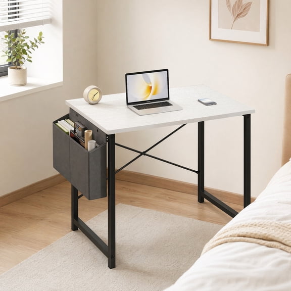 Small Writing Desk with Storage Bag & Hook, Space-Saving Home Office Computer Table for Bedroom