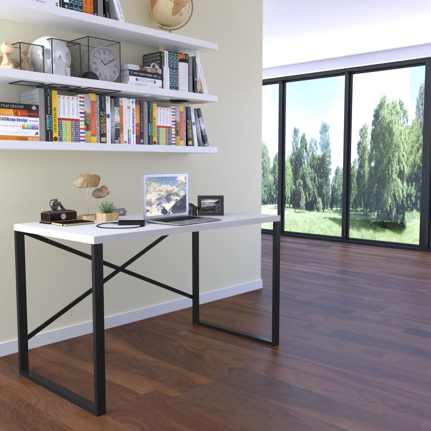 Small Writing and Computer Desk with Wooden Top and Metal Frame, 35 in, for Teens Bedroom and Home Office