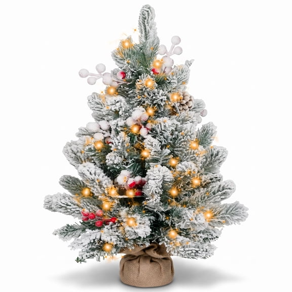 2ft Pre-lit Mini Christmas Snow Flocked Tree, Tabletop Artificial Christmas Tree with 30 LED Lights Timer, Red Berries, Pinecones and Cloth Bag Base, Decorations for Holiday Party Home Indoor