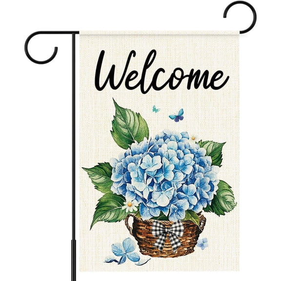 Small Yard Hydrangea Garden Flag Welcome Spring 12x18 Inch Burlap Double Sided Outdoor Outside Decoration