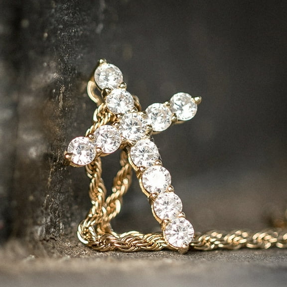 Small Yellow Gold Plated Iced Cz Micro Cross Pendant And Rope Chain Necklace