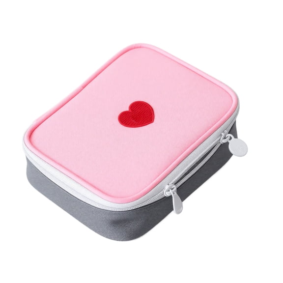 Small Zipper Storage Pouch Oxford Fabric Cosmetic Case with Heart Design, Portable Travel Organizer for Accessories, Pink and Grey