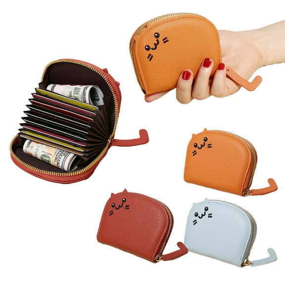 Small Zippered Card Holder Wallet | Mini Faux Leather Purse | Compact Bifold Organizer | 9 Card Slots | Cute Design | Lightweight 50g | 10x9x2.5cm | Blue Red Orange