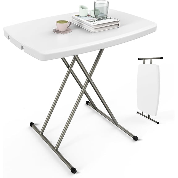 Small adjustable folding table, height 13.8inch - 28inch, personal laptop and TV tray, plastic tabletop, steel frame, 30inch, white