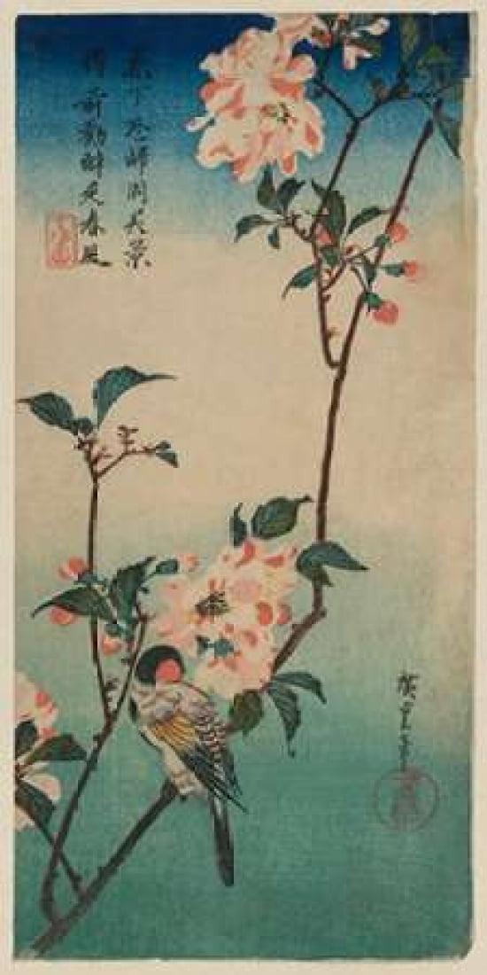 Small bird on a branch of Kaidozakura Canvas Art - Ando Hiroshige (10 x 20)