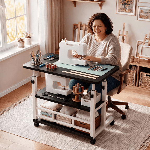 Small computer desk trolley, workstation writing table and printer stand for small spaces, mobile office desk with wheels, portable small computer table, height-adjustable standing desk, multi-functi