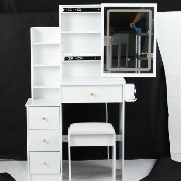 Small dressing table with padded seat and hair dryer stand / Good for small bedrooms, complete grooming setup