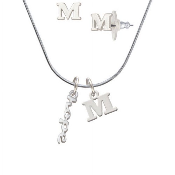 Small hope Script - M Initial Charm Necklace and Stud Earrings Jewelry Set