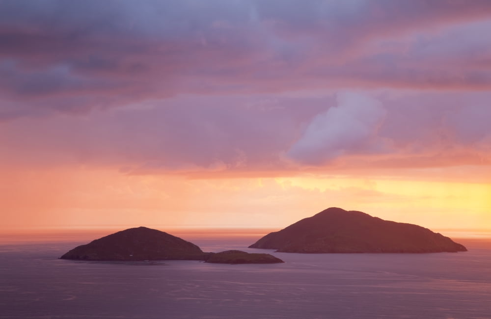 Small islands out in the ocean with a dramatic colourful sky at sunset Caherdaniel County Kerry Ireland Canvas Art - Peter Zoeller Design Pics (19 x 12)