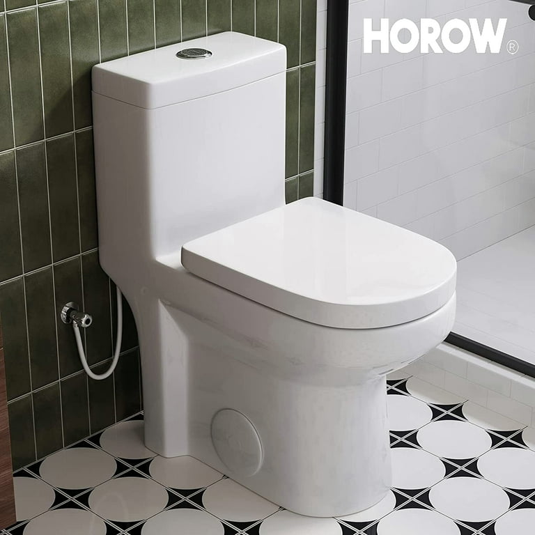 Small one Piece Toilet Short Compact Bathroom Tiny Mini Commode Water Closet Dual Flush Concealed Trapway Seat Included 12 Rough in UF Seat