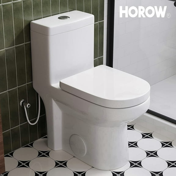 HOROW Small one Piece Toilet Compact Bathroom Commode Water Closet Dual Flush,12'' Rough-in+UF Seat