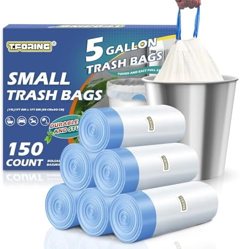 Small rash Bags 5 Gallon wih Drawsring,150 Coun Whie Garbage Bags Unscened,Srong Plasic Wasebaske Can Liners for Home Bahroom Car