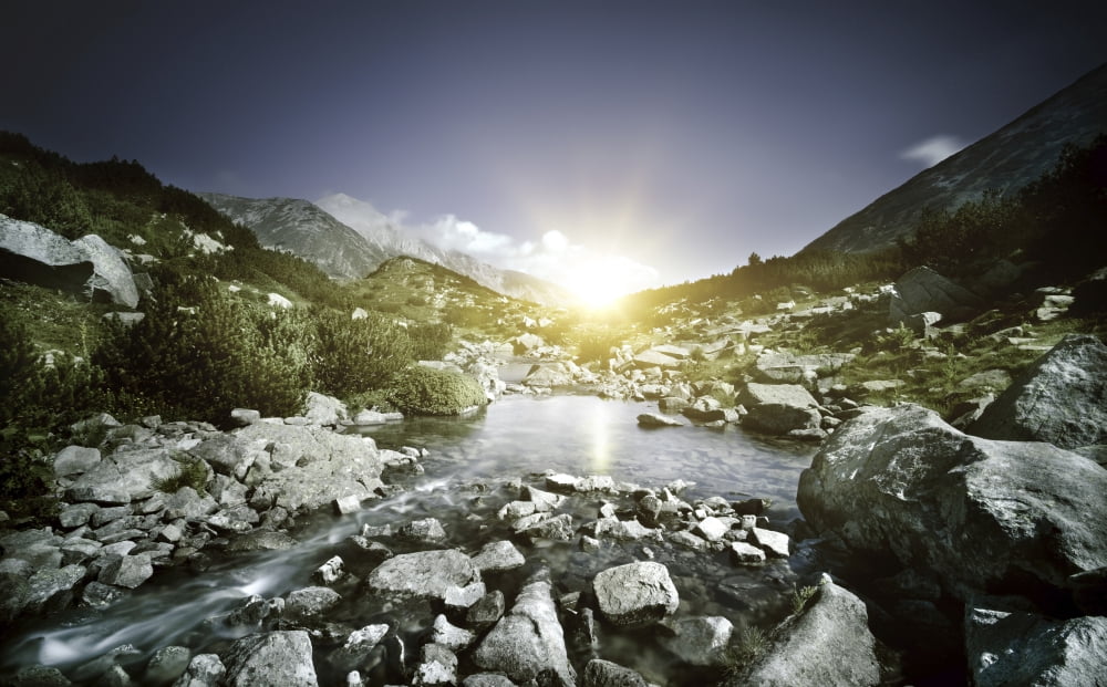 Small river flowing over large stones at sunset Pirin National Park Bulgaria Canvas Art - Evgeny KuklevStocktrek Images (36 x 23)