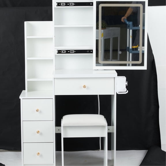 Small Vanity Table with 2 AC and 2 USB Charging | Fits Small Spaces, Facilitates Multiple Device Charging