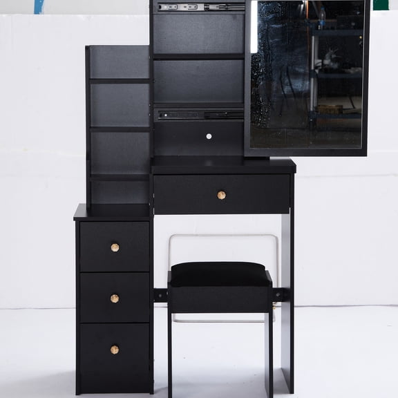 Small-sized Vanity Table with Large Sliding Mirror for Small Bedrooms / Saves Space and Comes with Padded Stool