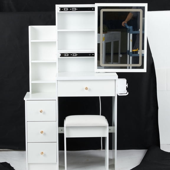 Small-sized vanity table with 2 AC+2 USB ports / Ideal for small bedrooms, charges devices while dressing