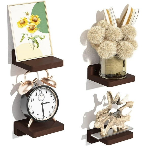 Small wall-mounted wooden shelving unit, 4-piece set, for decoration and storage, mini display rack, suitable for bedroom, bathroom, kitchen, office (4 inches).
