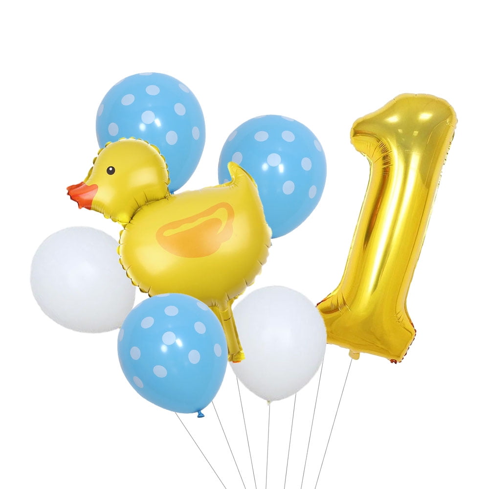 Small yellow duck-shaped floating air balloon sets with digital balloons for birthday party decoration.