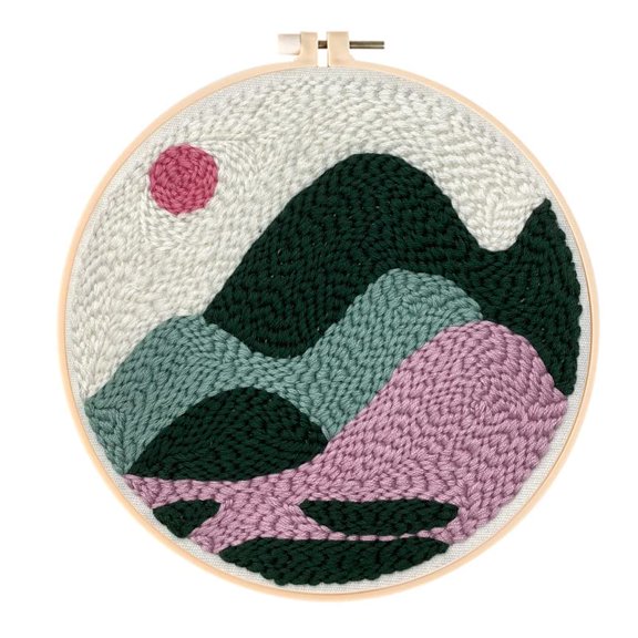 Smaller Punch Needle Embroidery Starter Kits 15cm for Kids and Adults Beginners with Punch Needle Tool,Threader, Stamped Fabric Embroidery,Hoop,Mountains,Sun Yarn Rug Punch Needle