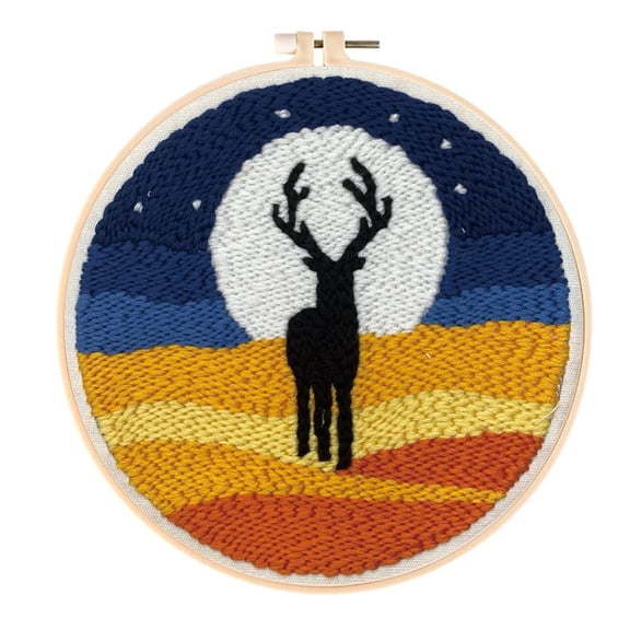 Smaller Punch Needle Embroidery Starter Kits 15cm for Kids and Adults Beginners with Punch Needle Tool,Threader, Stamped Fabric Embroidery,Hoop,Sunset Deer Yarn Rug Punch Needle