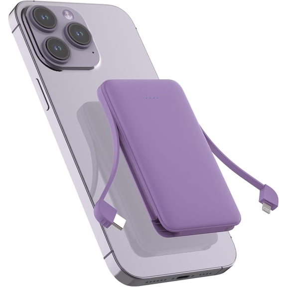 Smallest Portable Charger with Built-in Cables 5000mAh,Ultra Slim Power Bank,Mini High Speed External Battery Packs,Lightweight USB C Phone Charger for iPhone Samsung Google Android (Purple)