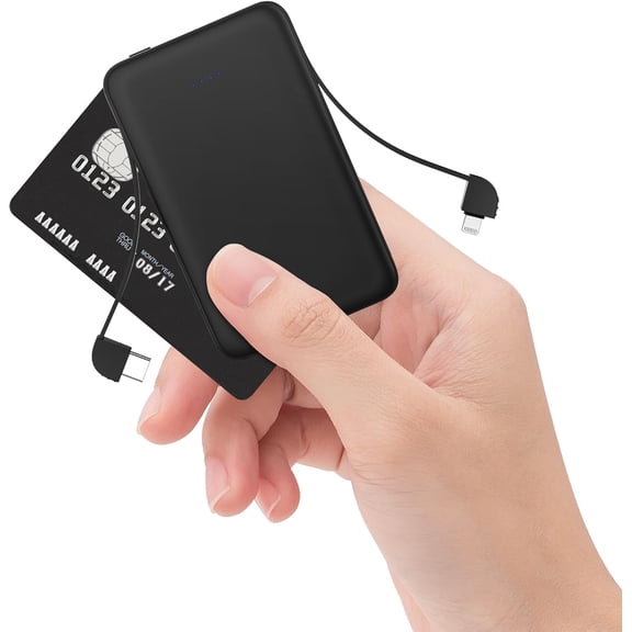 Smallest Portable Charger with Built-in Cables 6000mAh,Ultra Slim Power Bank,Mini High Speed External Battery Packs,Lightweight USB C Phone Charger for iPhone Samsung Google Android (Black)