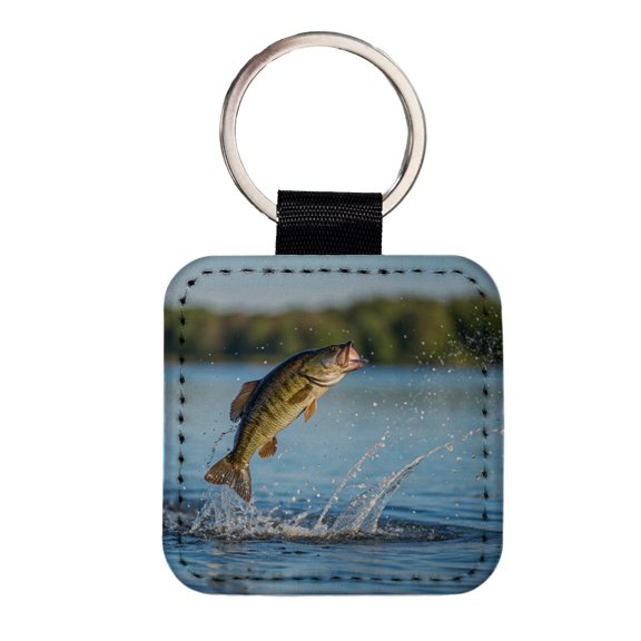 Smallmouth Bass Fish Jumping Fishing Faux Leather Square Keychain