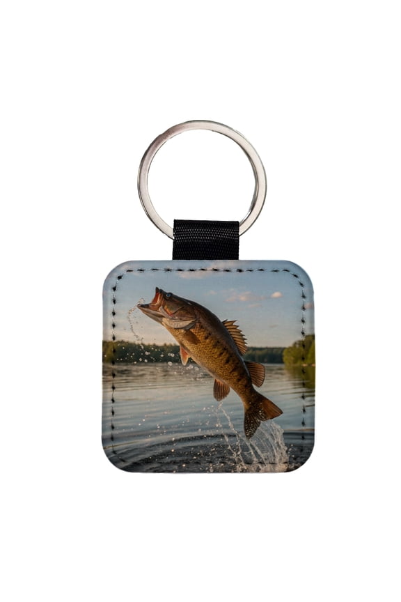 Smallmouth Bass Fish Jumping River Fishing Faux Leather Square Keychain