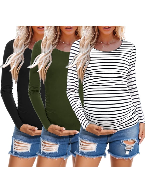 Long Sleeve Pregnancy Shirts Tops Maternity Clothes for Women 3-Pack