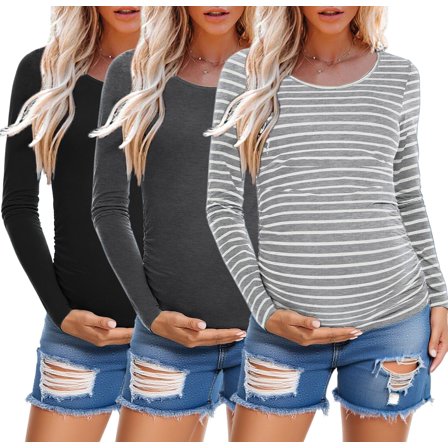 Long Sleeve Pregnancy Shirts Tops Maternity Clothes for Women 3-Pack