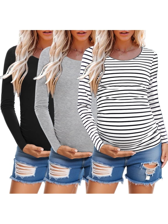 Long Sleeve Pregnancy Shirts Tops Maternity Clothes for Women 3-Pack