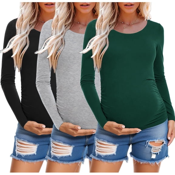 Long Sleeve Pregnancy Shirts Tops Maternity Clothes for Women 3-Pack