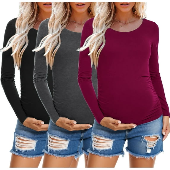 Long Sleeve Pregnancy Shirts Tops Maternity Clothes for Women 3-Pack