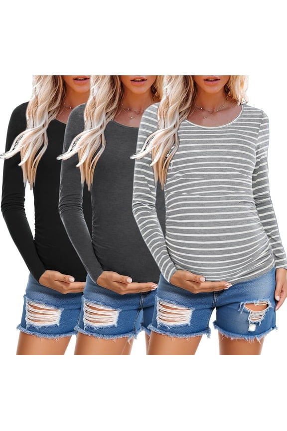 Long Sleeve Pregnancy Shirts Tops Maternity Clothes for Women 3-Pack