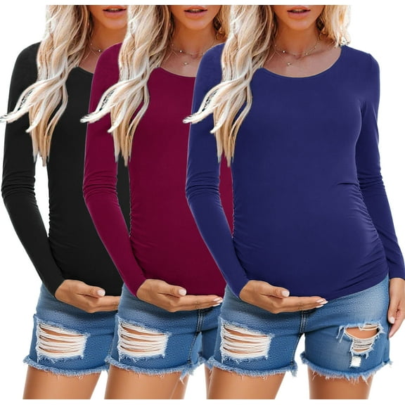 Long Sleeve Pregnancy Shirts Tops Maternity Clothes for Women 3-Pack