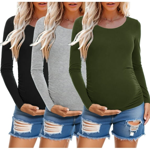 Long Sleeve Pregnancy Shirts Tops Maternity Clothes for Women 3-Pack