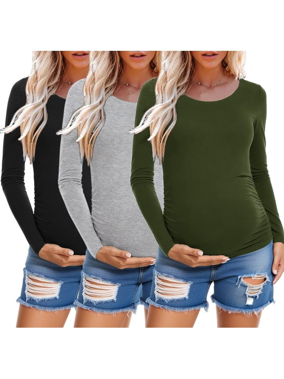 Long Sleeve Pregnancy Shirts Tops Maternity Clothes for Women 3-Pack