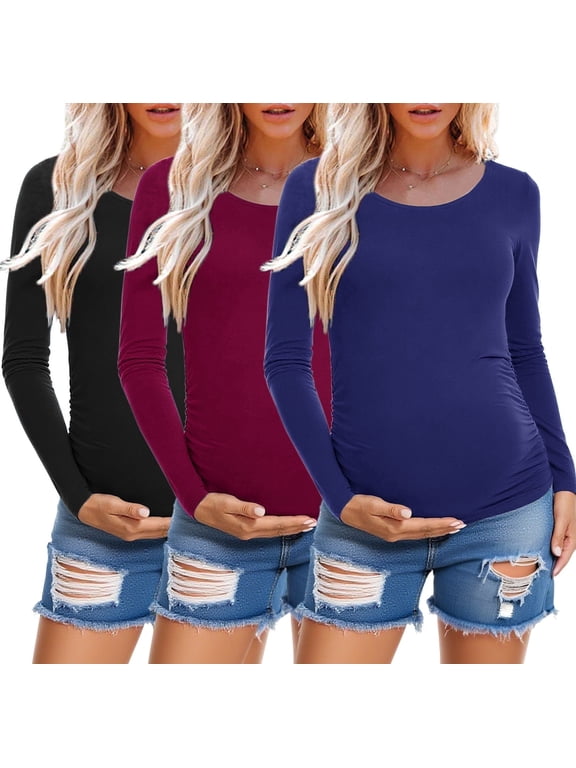 Long Sleeve Pregnancy Shirts Tops Maternity Clothes for Women 3-Pack