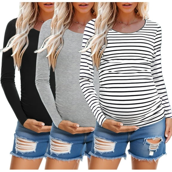 Long Sleeve Pregnancy Shirts Tops Maternity Clothes for Women 3-Pack