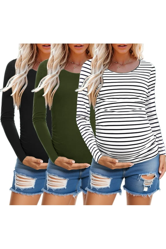 Long Sleeve Pregnancy Shirts Tops Maternity Clothes for Women 3-Pack